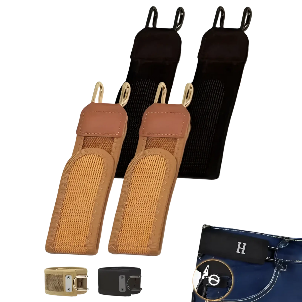 Tan and black elastic waist belt loops with metal hooks for attaching to pants in no buckle unisex design