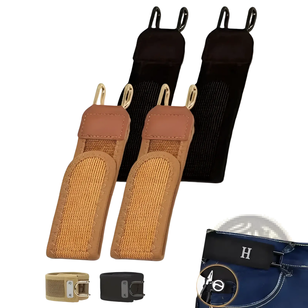 Tan and black elastic waist belt loops with metal hooks for attaching to pants in no buckle unisex design