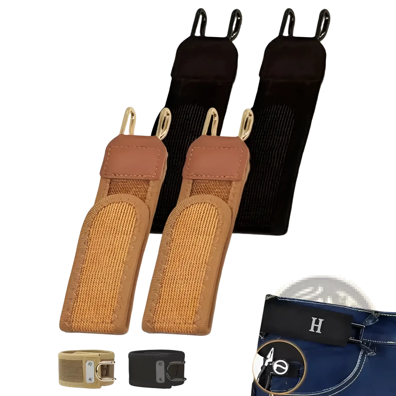 Tan and black elastic waist belt loops with metal hooks for attaching to pants in no buckle unisex design