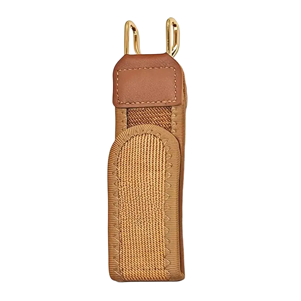 Tan woven fabric no buckle elastic waist belt with brown leather patch and gold-tone metal hooks unisex design