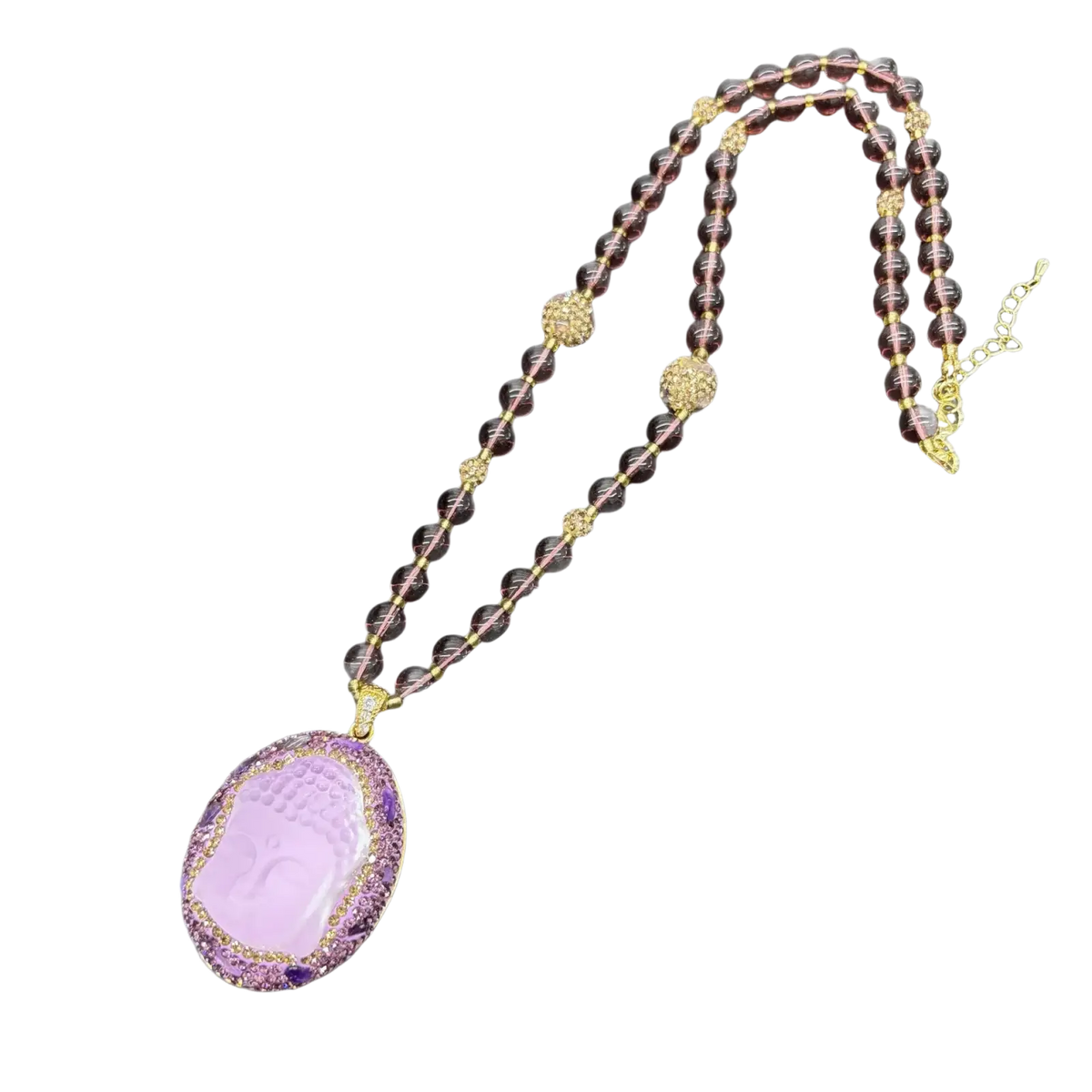 Elegant lavender amethyst buddha pendant necklace with gold-tone accents and dark purple gemstone beads suitable for all applicable ages