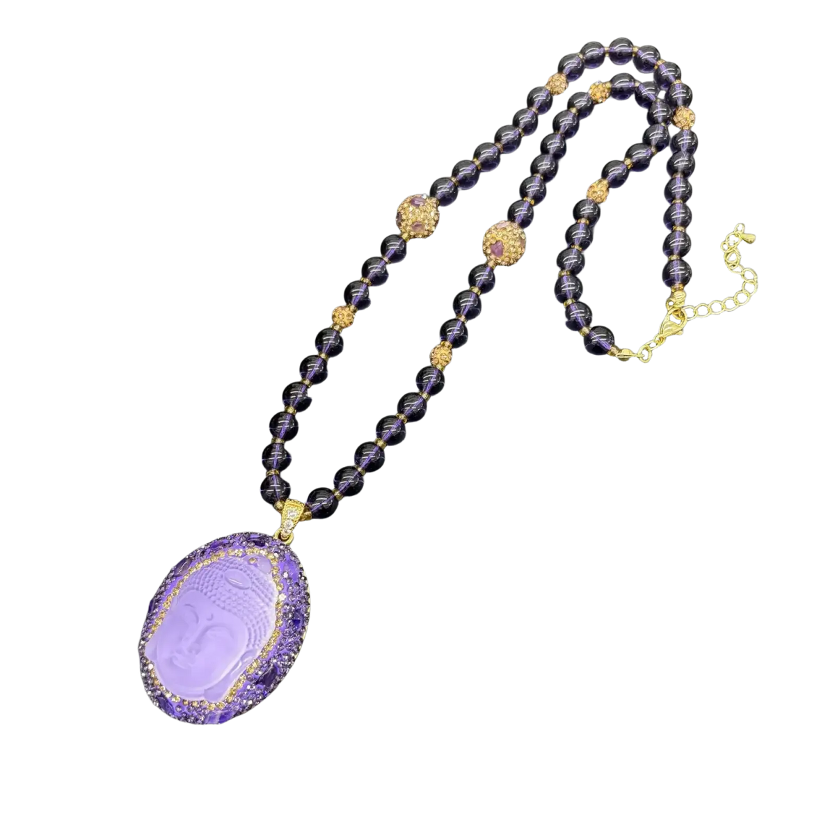 Elegant purple buddha pendant necklace with faceted amethyst and gold-tone accents, suitable for all applicable age groups