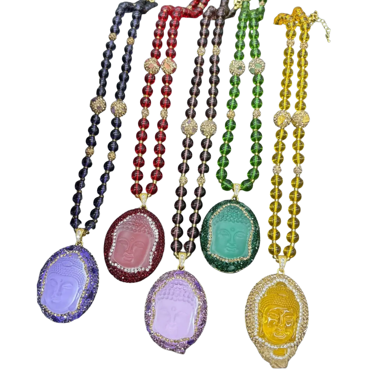 Five colorful buddha pendant necklaces with distinct gemstone hues and rhinestone edges on beaded chains for applicable age use