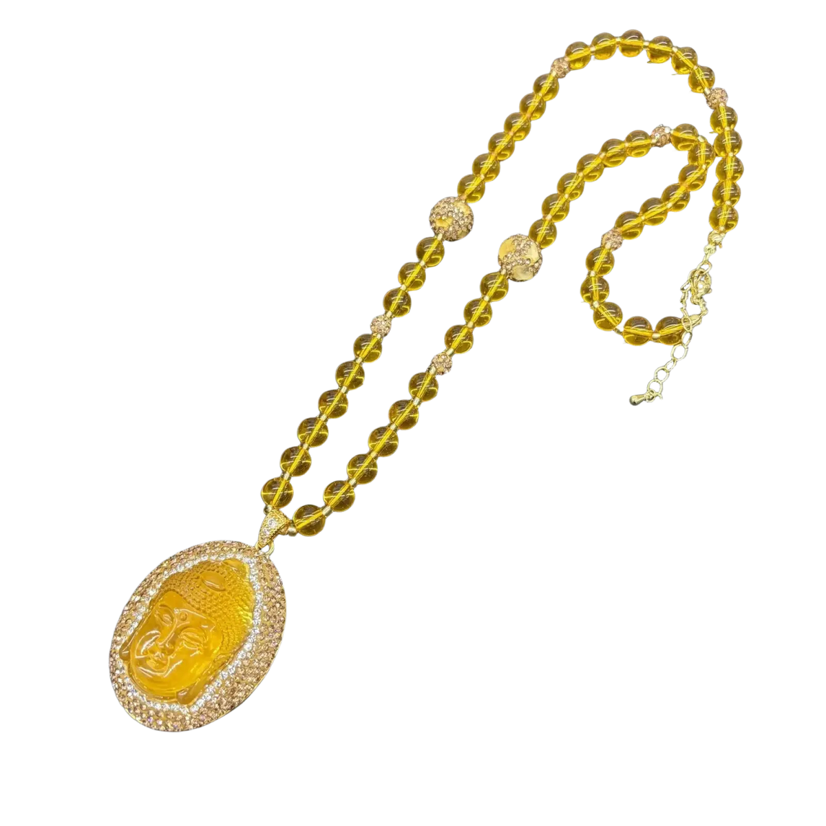 Golden buddha pendant necklace with amber-colored beads rhinestone accents suitable for all applicable age groups