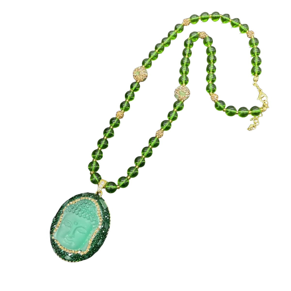 A jade green buddha pendant necklace with rhinestone beaded chain and gold tone accents suitable for applicable age