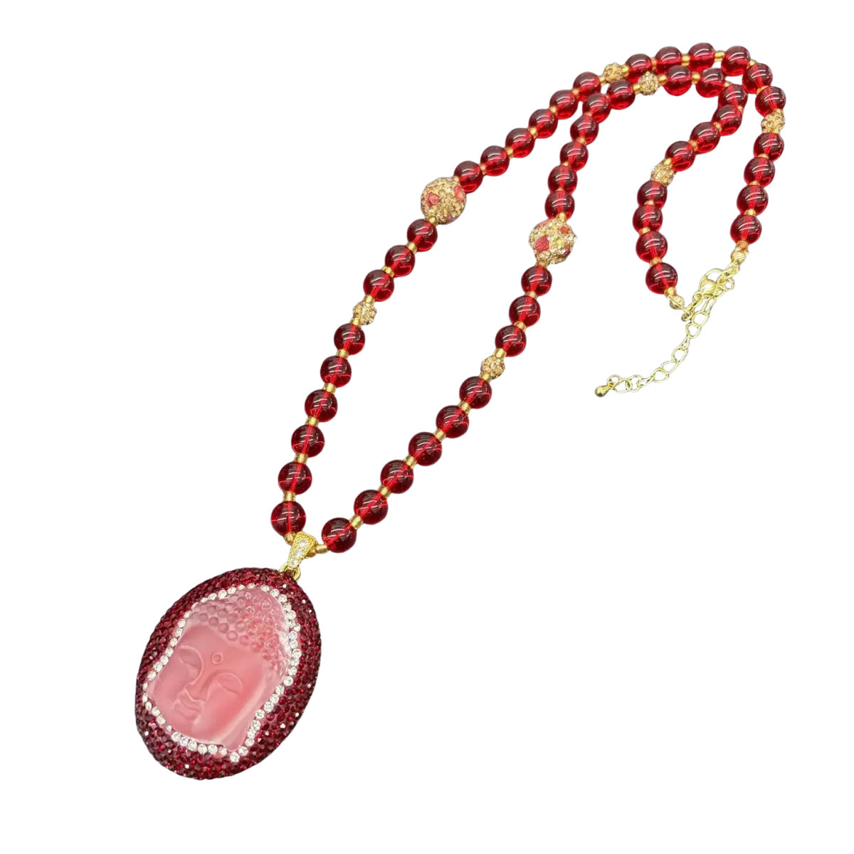 A red beaded buddha pendant necklace with pink rhinestones and gold accents suitable for applicable age sesame clip users
