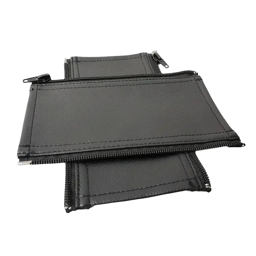Black leather wallet with zippers and stitched edges designed as Bugaboo Bee Pu leather stroller handle covers