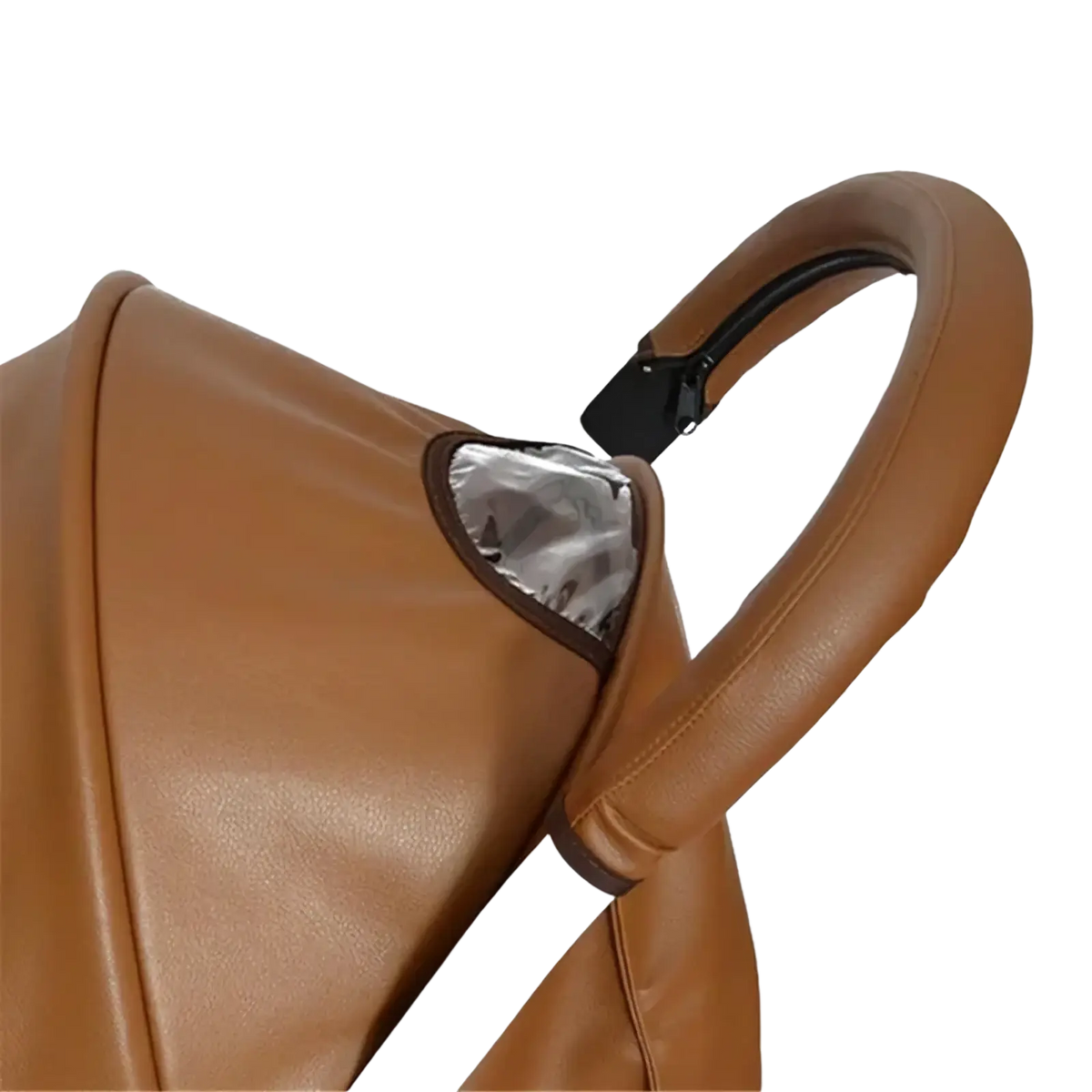 Brown leather bugaboo bee stroller handle cover with black clip and silver reflective panel visible from the back side