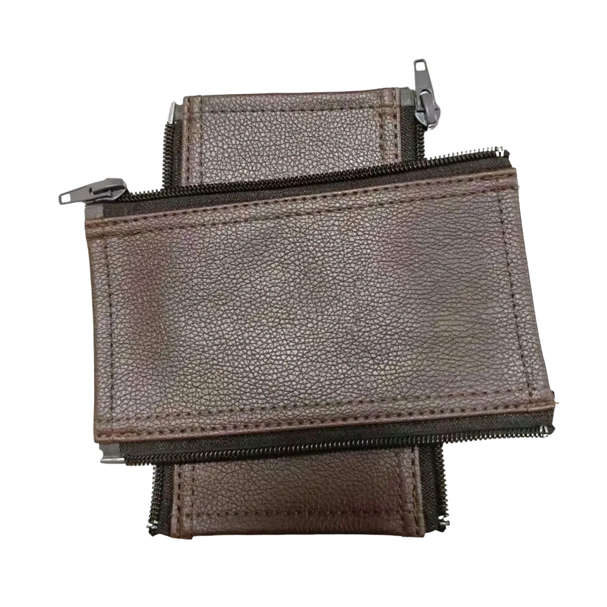 Brown textured leather wallet with multiple zippered compartments shown with Bugaboo Bee pu leather stroller handle covers