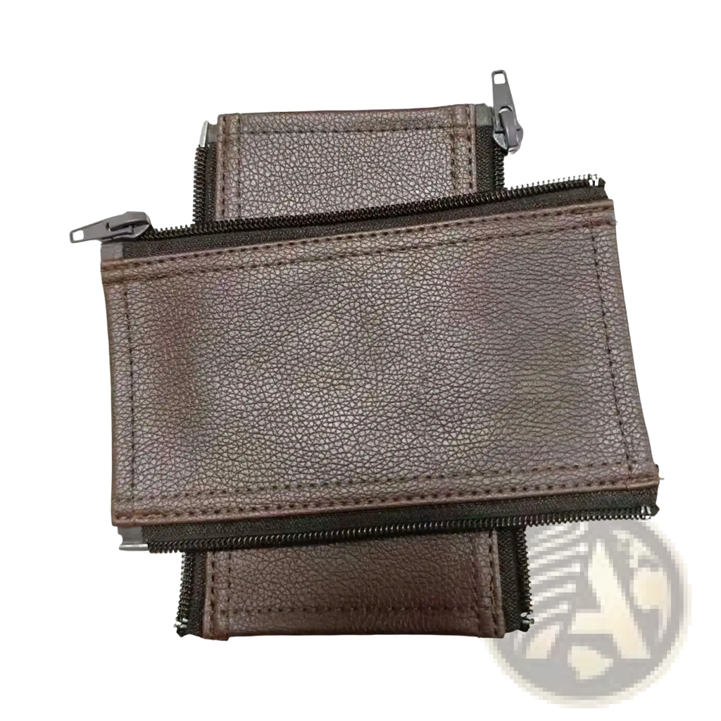 Brown textured leather wallet with multiple zippered compartments shown with Bugaboo Bee pu leather stroller handle covers