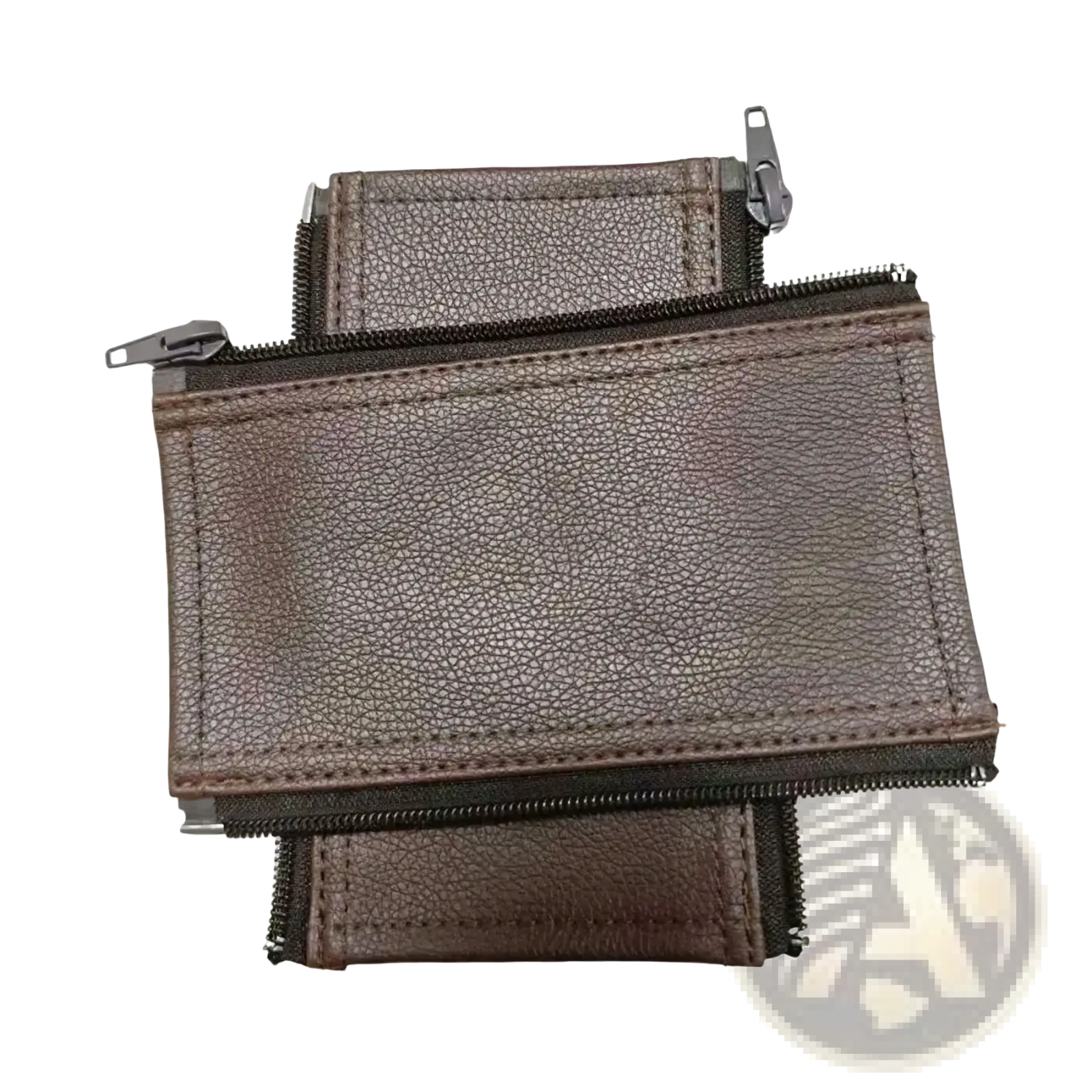 Brown textured leather wallet with multiple zippered compartments shown with Bugaboo Bee pu leather stroller handle covers