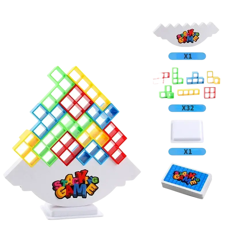 Colorful plastic building block bricks stacked in a pyramid shape on a white base in a building block balance tetra tower game set