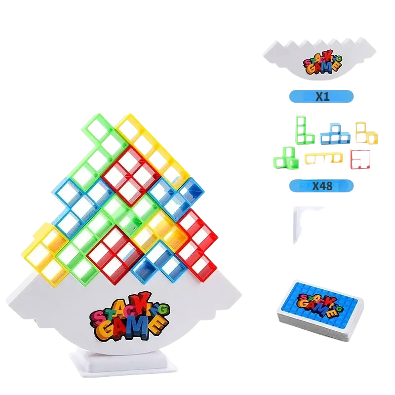 Building block balance tetra tower game set with colorful red blue green yellow plastic building block bricks on white base