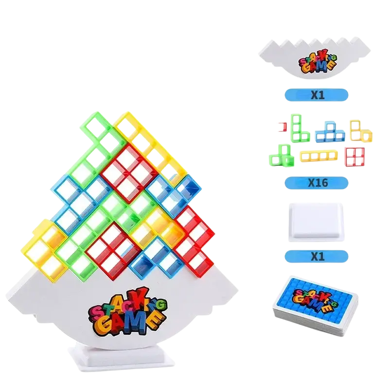 Building block balance tetra tower game set with colorful red blue green and yellow translucent plastic building block bricks