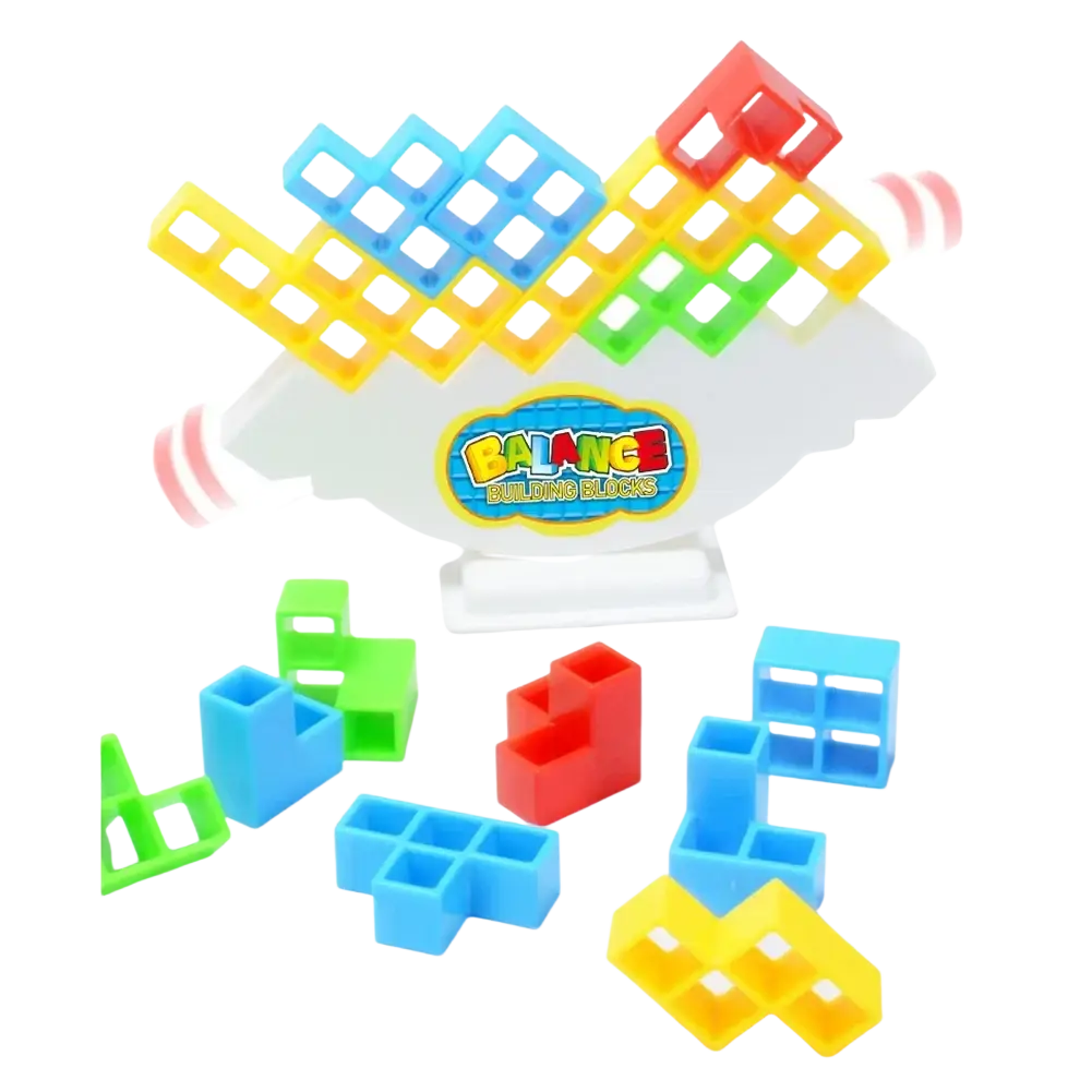Colorful plastic building block balance tetra tower game set with white base and logo for stacking play