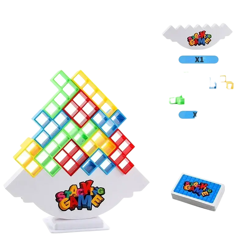 Building block balance tetra tower game set with colorful red blue green yellow plastic building block bricks on white base