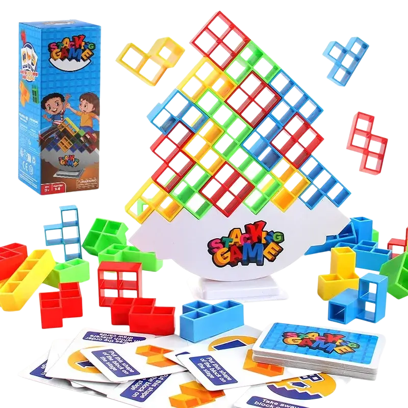 Colorful plastic building block balance tetra tower game set with red yellow green and blue interlocking bricks