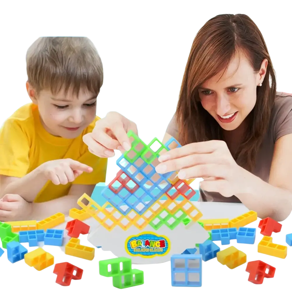 Colorful plastic building block balance tetra tower game set with red blue green and yellow bricks for stacking fun