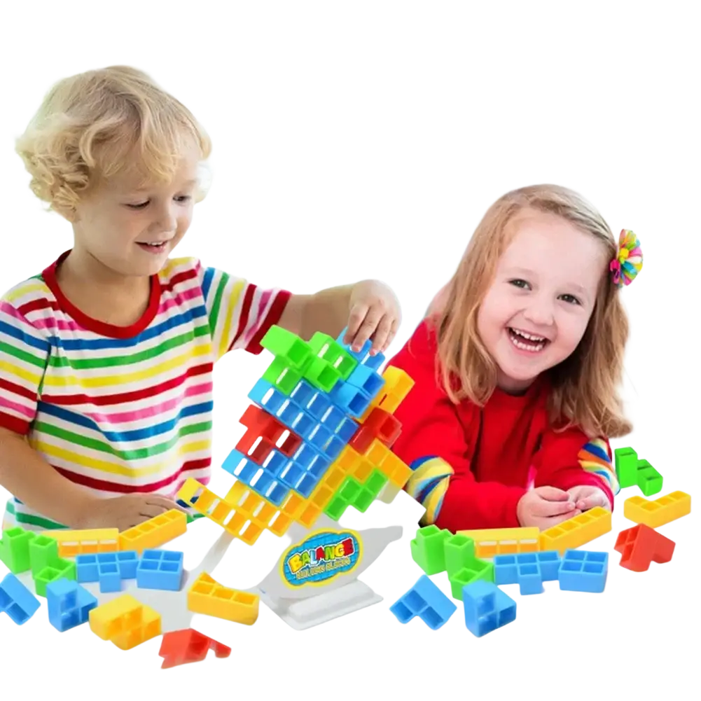 Colorful plastic building block bricks arranged in a tall multi-colored tetra tower on a white base model number set