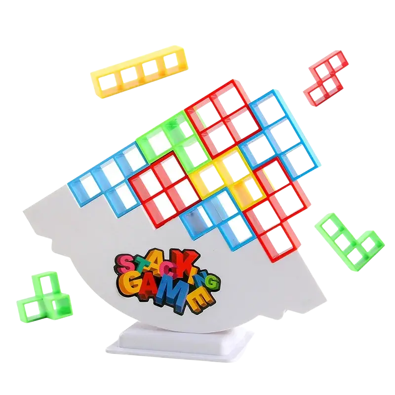 Colorful plastic building block bricks stacked on a white base with stack game branding in tetra tower set