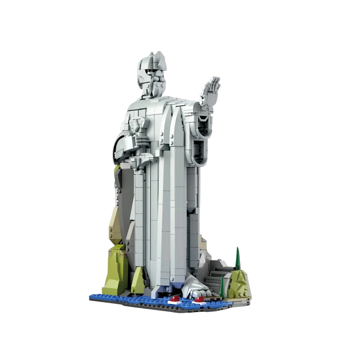 Detailed gray building block fantasy statue figurine set of a robed armored figure standing on a rocky base