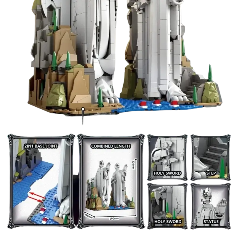 Detailed building block fantasy statue figurine set featuring a grand white stone structure with brown rocks and green pines