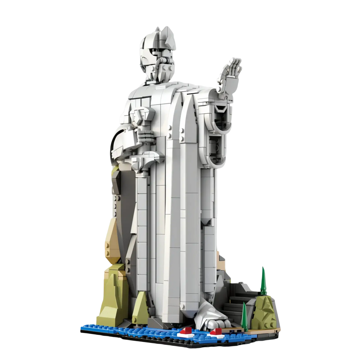 Gray armored warrior building block figurine with flowing cape and raised hand from fantasy statue set
