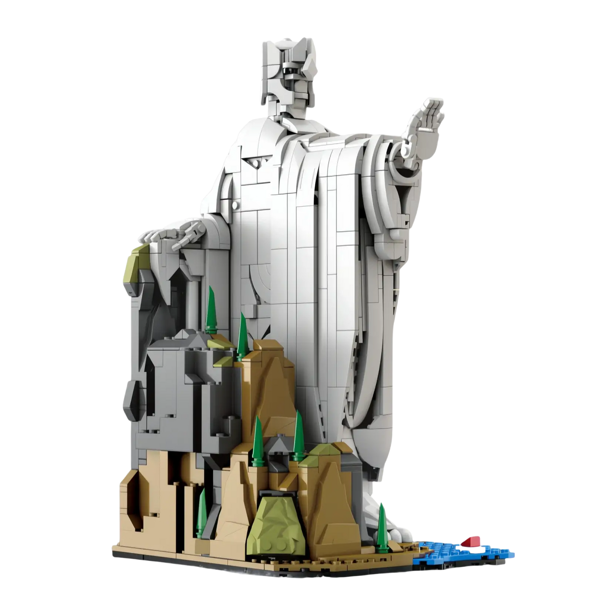 Gray building block model of king sauron statue with detailed robes and rocky base featuring trees and water