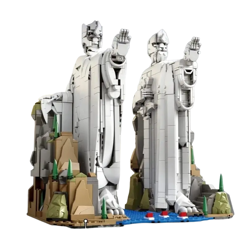 White building block fantasy statue figurine set of twin kings with detailed armor flowing robes and green accents on rocky bases