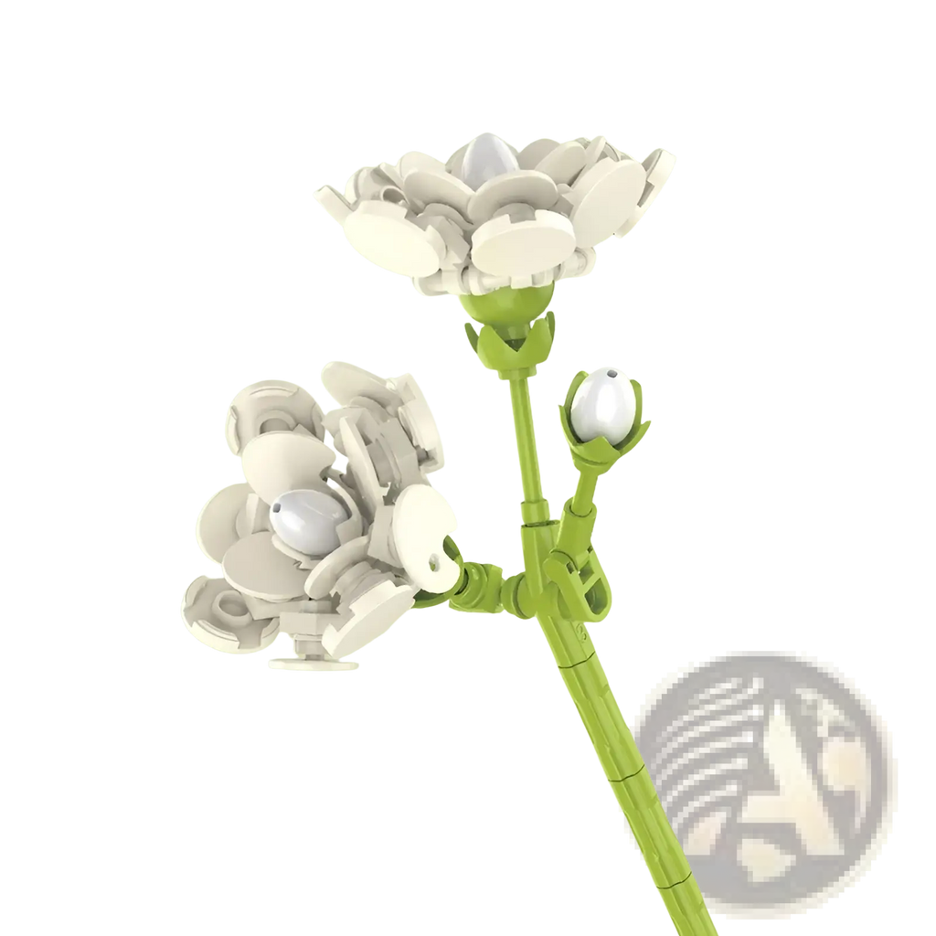 A delicate white building block flower bouquet rose bonsai toy with green stems and buds made from interlocking plastic pieces