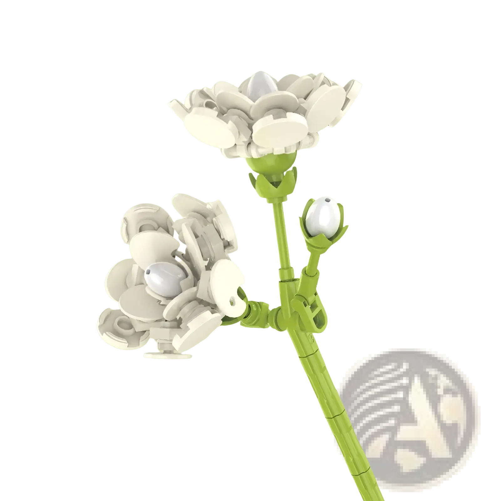 A delicate white building block flower bouquet rose bonsai toy with green stems and buds made from interlocking plastic pieces