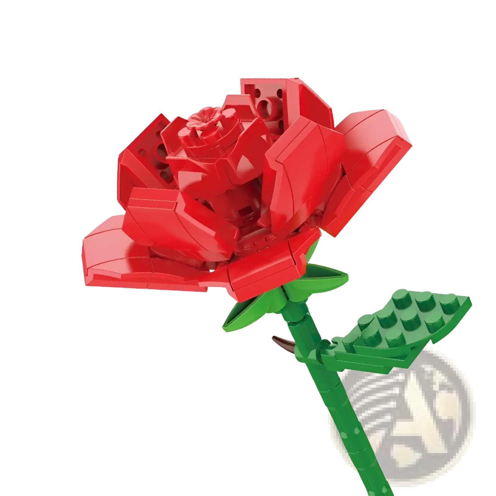 A vibrant red lego rose with green stem and leaf made of interlocking plastic bricks in a building block flower bouquet toy