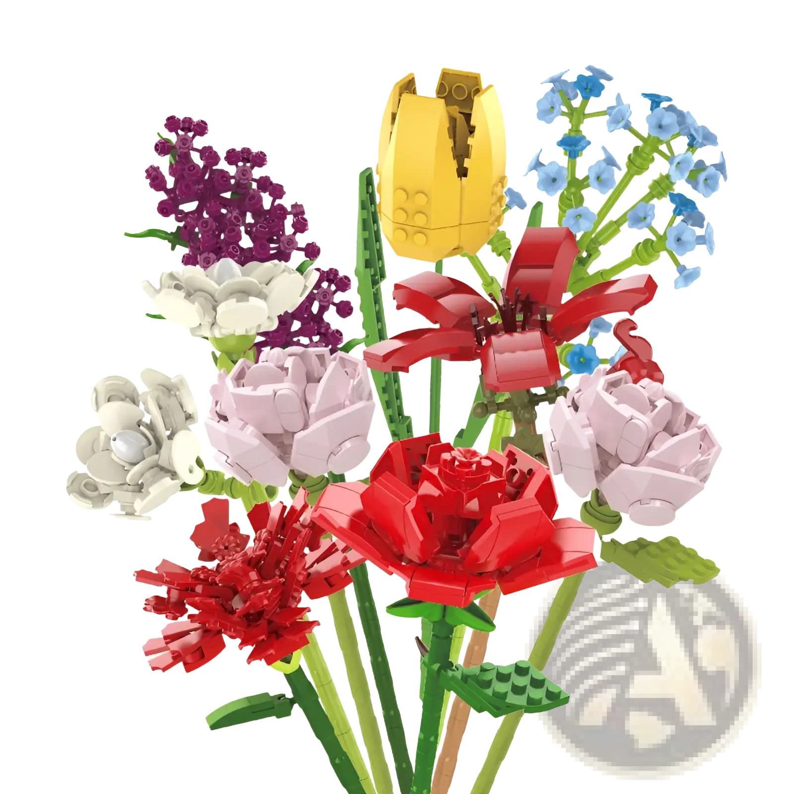 A vibrant building block flower bouquet rose bonsai toy with lego flowers in red pink white purple and yellow