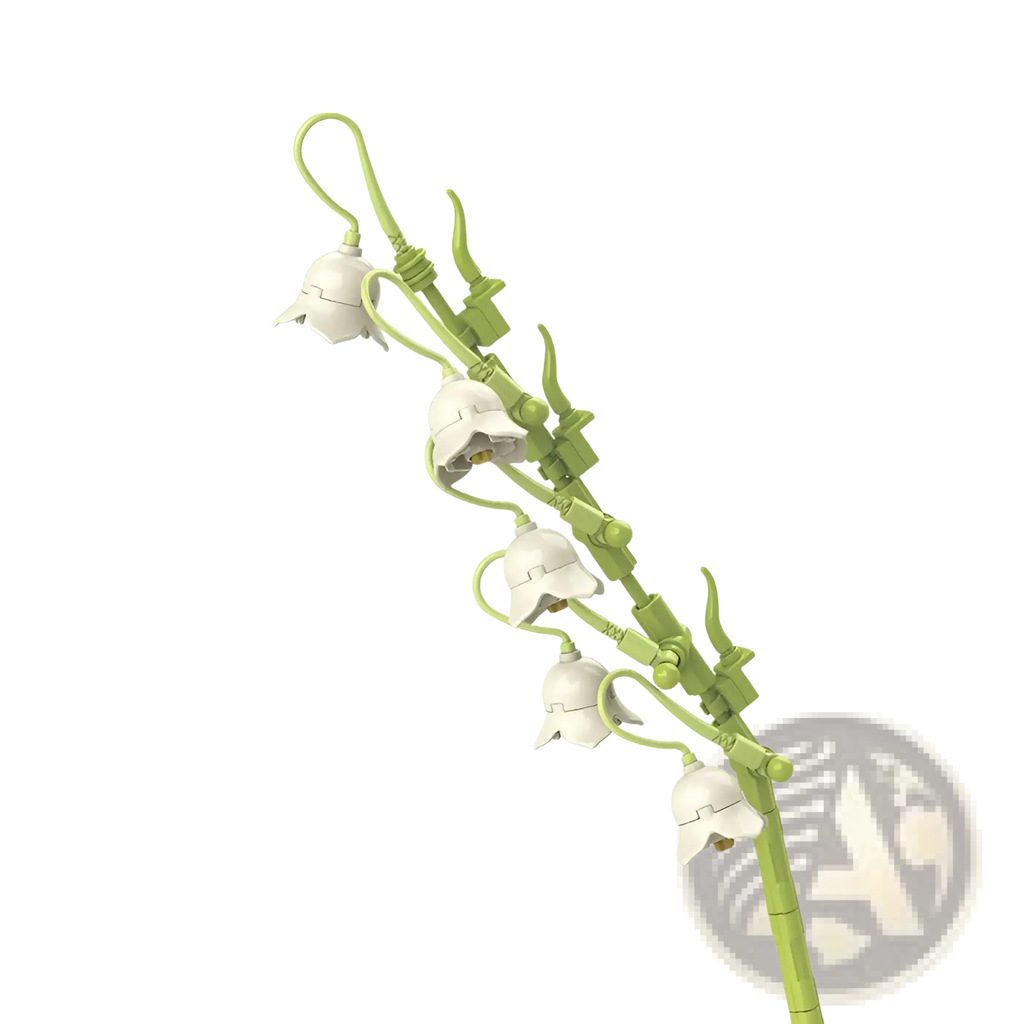 A delicate white bell-shaped flower cluster on a light green lego stem in a building block flower bouquet rose bonsai toy