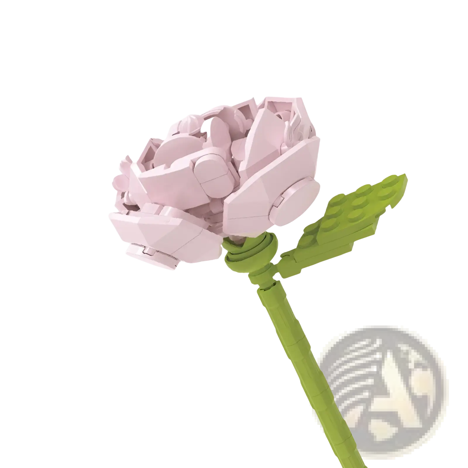 A delicate pink lego rose with green stem and leaf made of interlocking plastic bricks in a building block flower bouquet toy