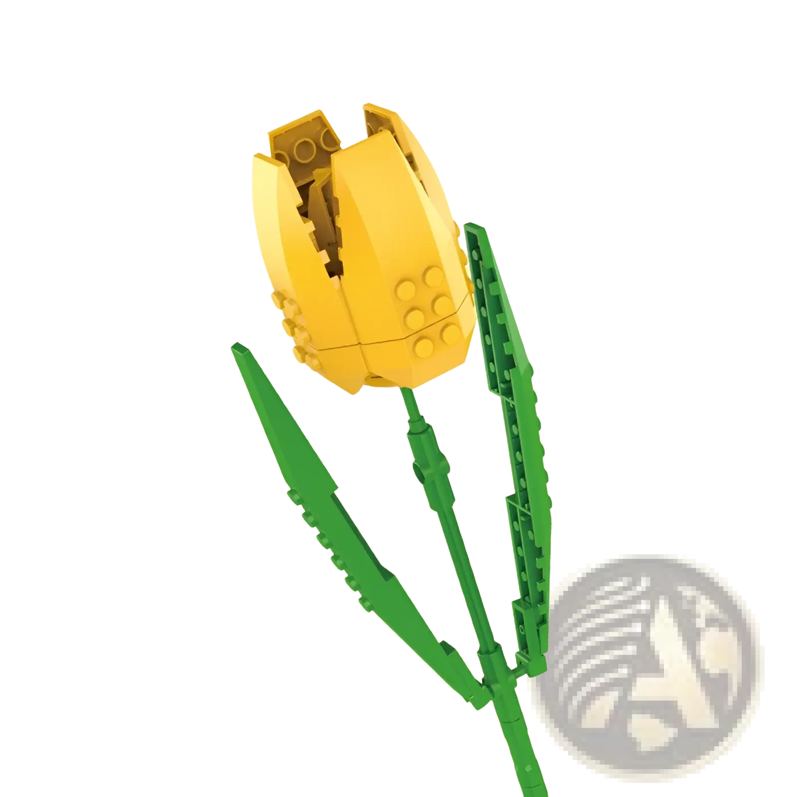 Yellow lego tulip with green stem and leaf made from interlocking plastic bricks in building block flower bouquet toy