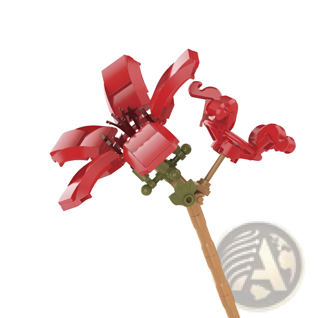 A vibrant red building block flower with glossy petals and green stem made of interlocking plastic bricks