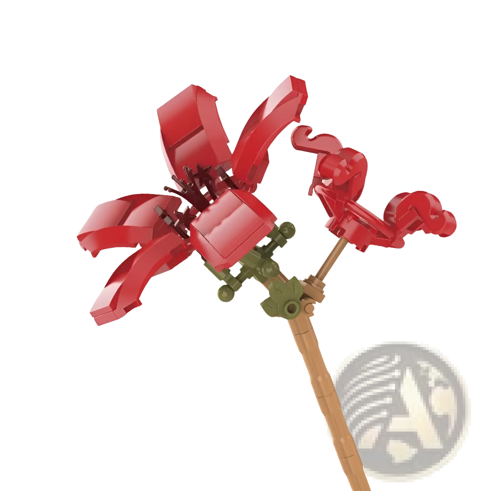 A vibrant red building block flower with glossy petals and green stem made of interlocking plastic bricks