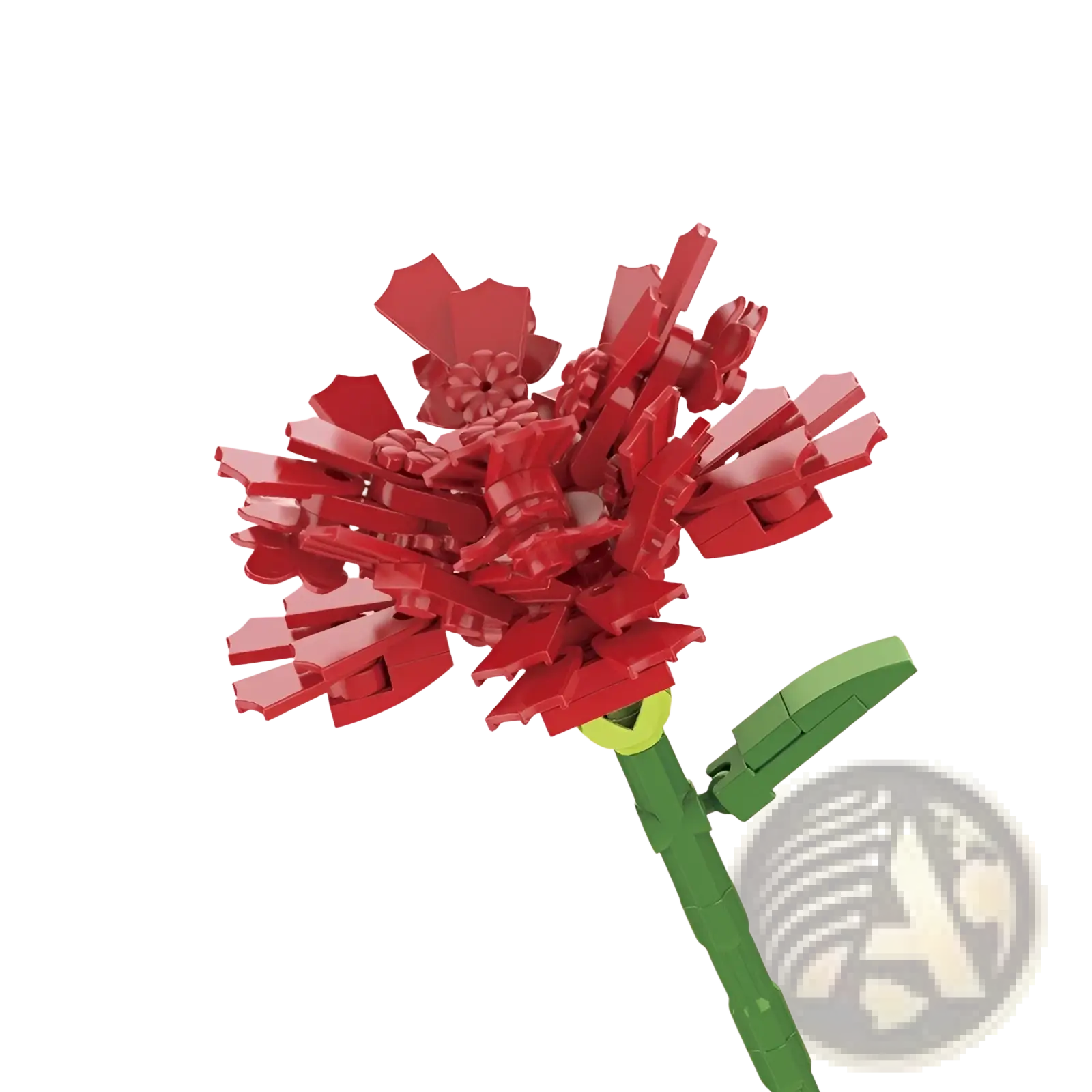 A vibrant red building block flower with green stem and leaf made from interlocking plastic bricks for bonsai toy