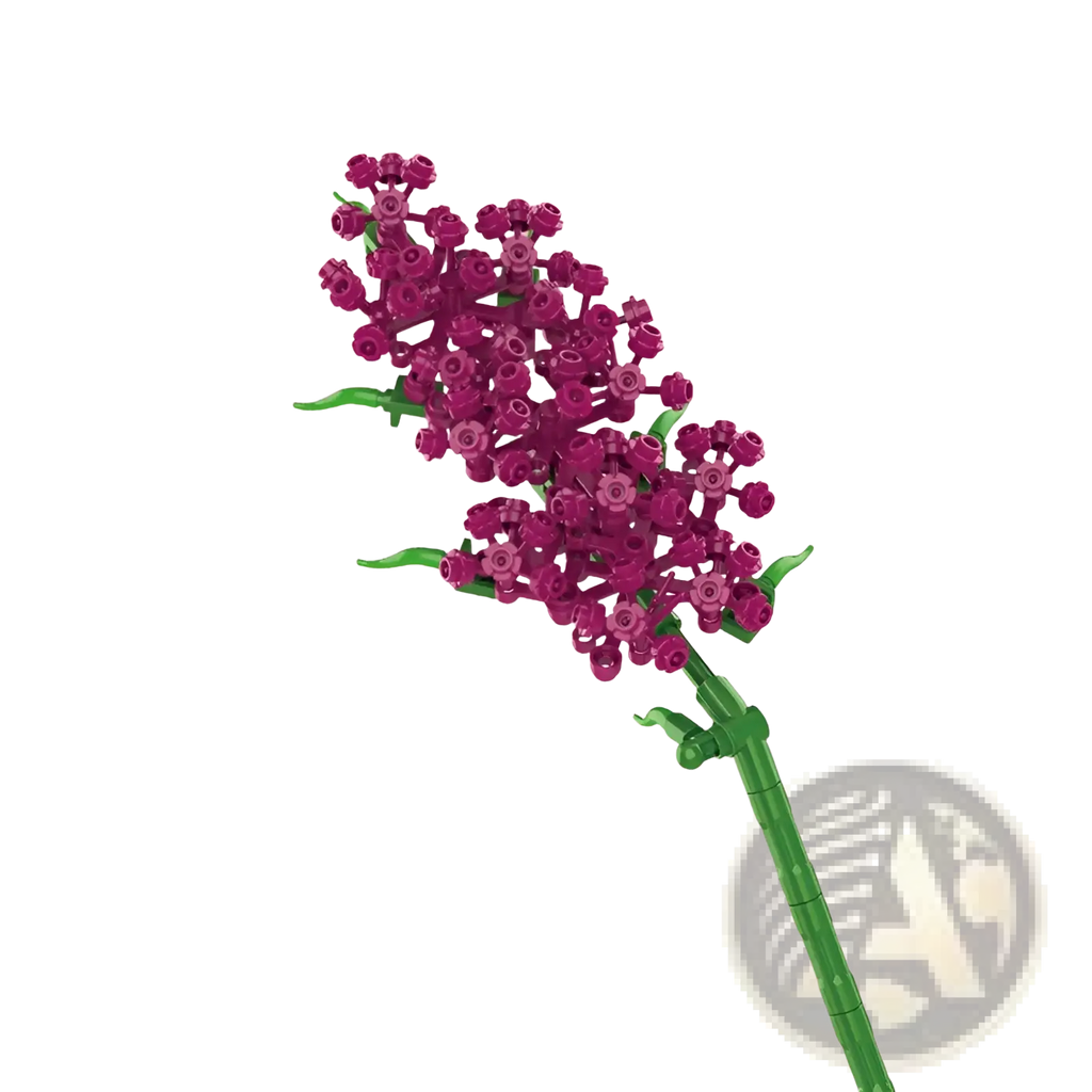 A vibrant magenta building block flower bouquet rose bonsai toy with green stems and leaves made of plastic bricks