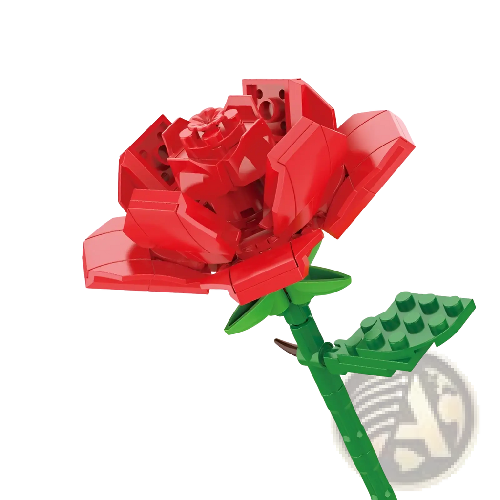 A vibrant red lego rose with green stem and leaf made from interlocking plastic bricks for building block flower bouquet bonsai toy