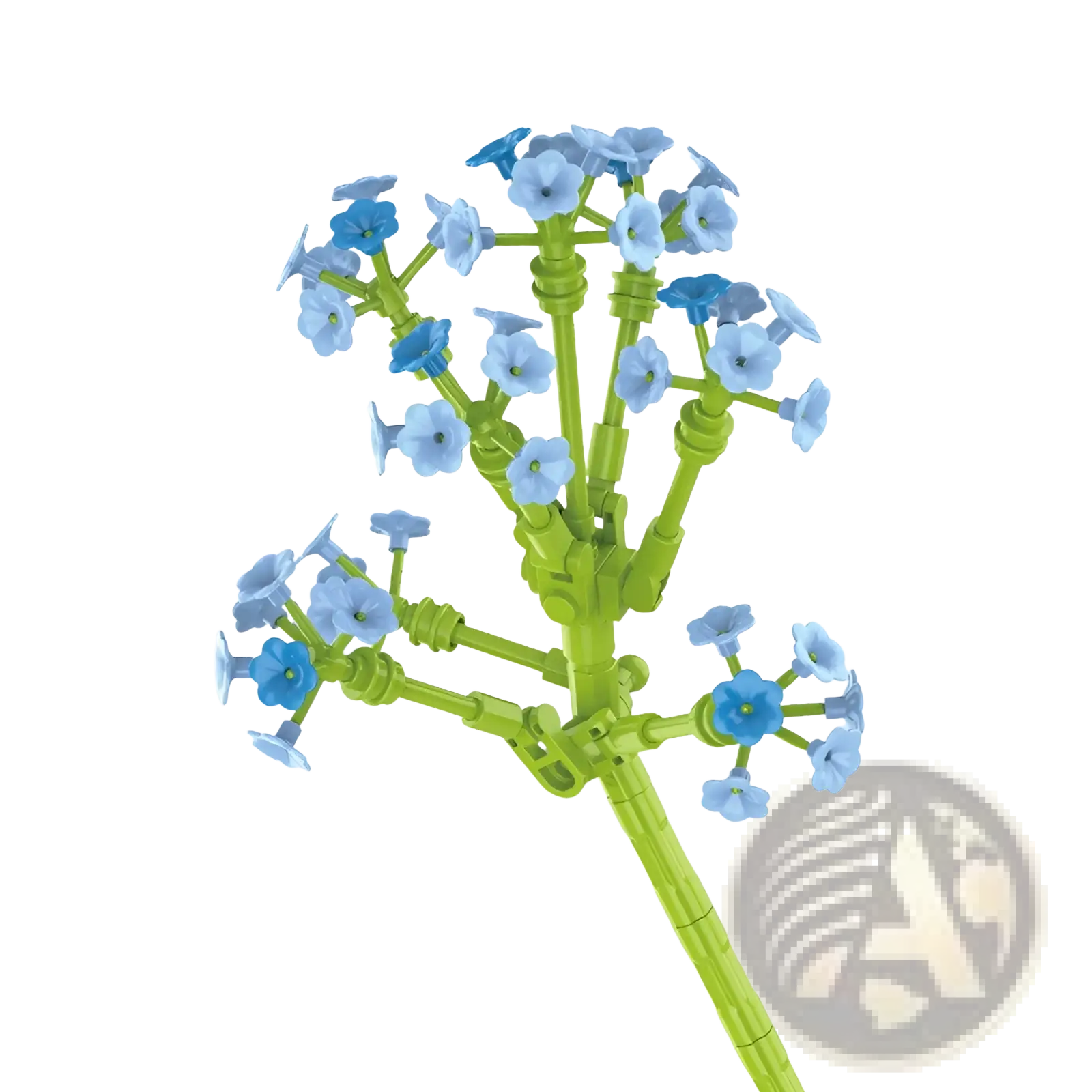 A lime green plastic lego building block flower bouquet with light and dark blue forget-me-not blossoms