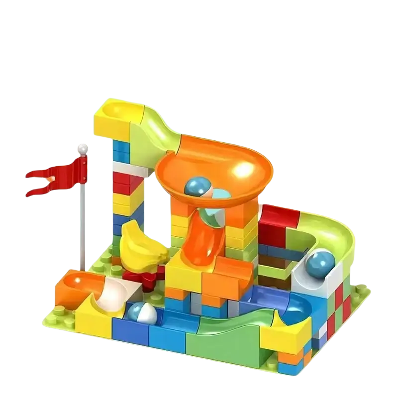 Colorful building block marble run track set with vibrant orange yellow green and blue plastic pieces