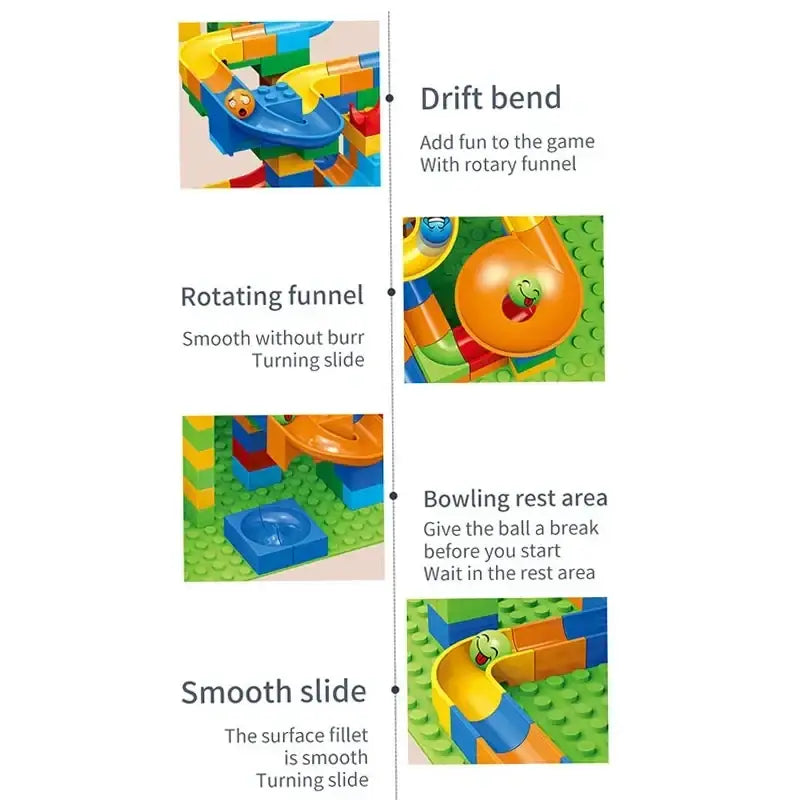 Colorful plastic building block marble run track set with curved and straight smooth sections for rolling balls