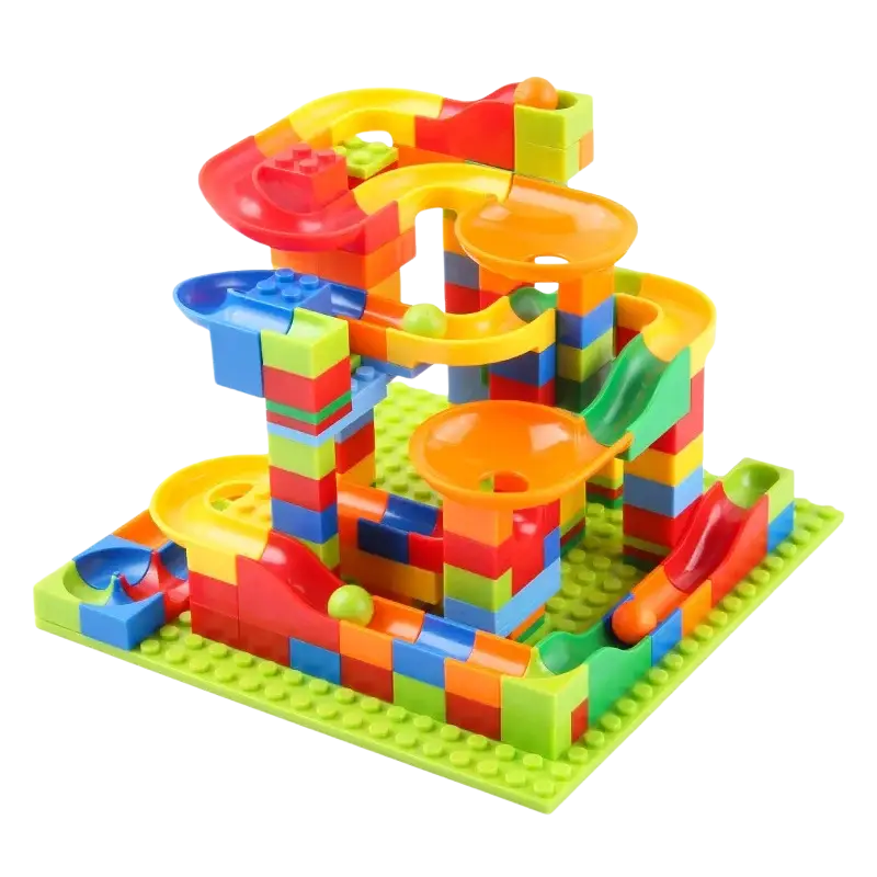 A vibrant multi-colored plastic building block marble run track set with 168 pieces for creative play