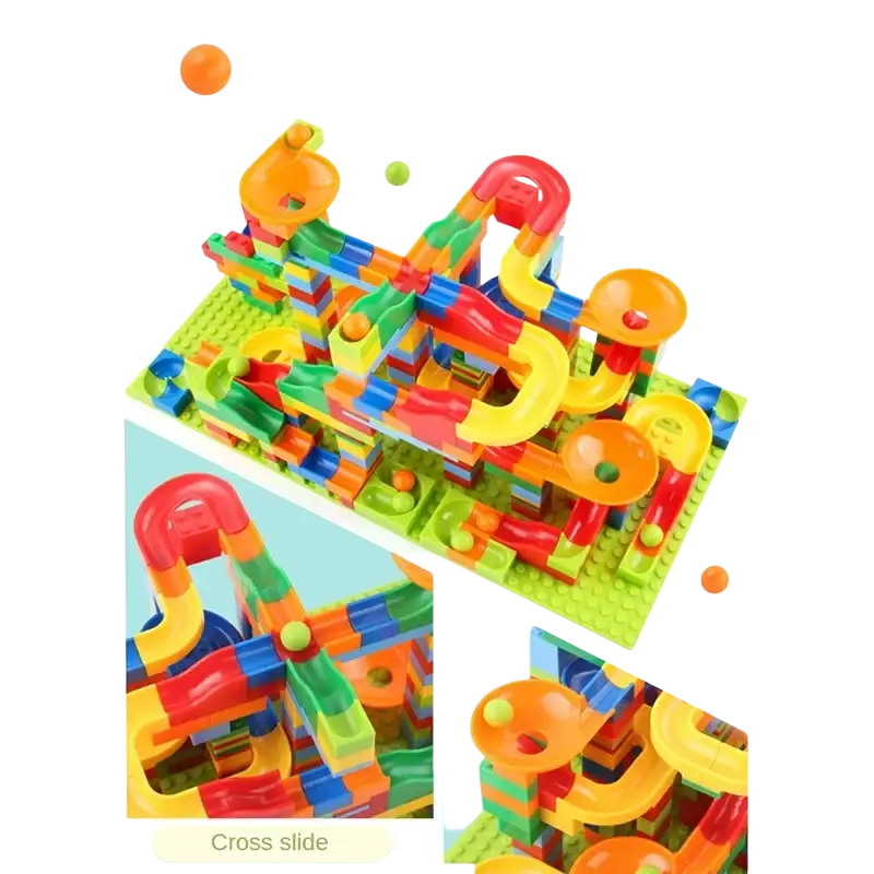 Vibrant multi-colored plastic building block marble run track set assembled into a complex interactive design