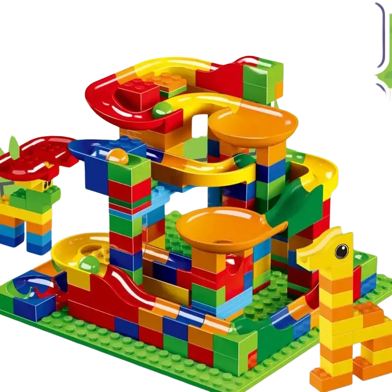 Building block marble run track set with vibrant yellow red blue and green plastic pieces and complex design