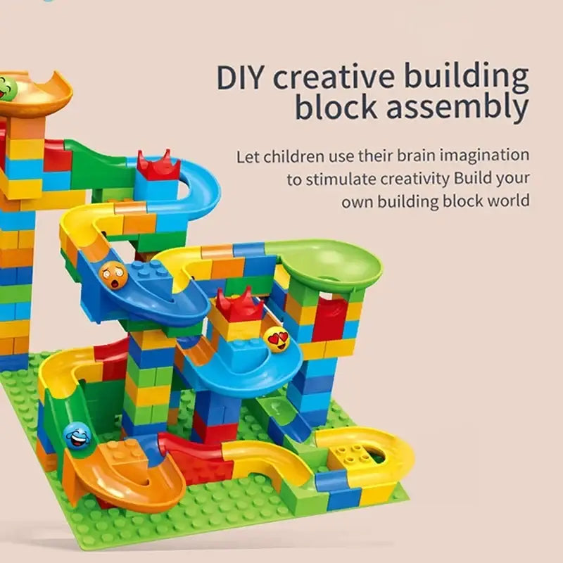 Vibrant colorful plastic building block marble run track set with interlocking curved tracks and emoji-themed figures
