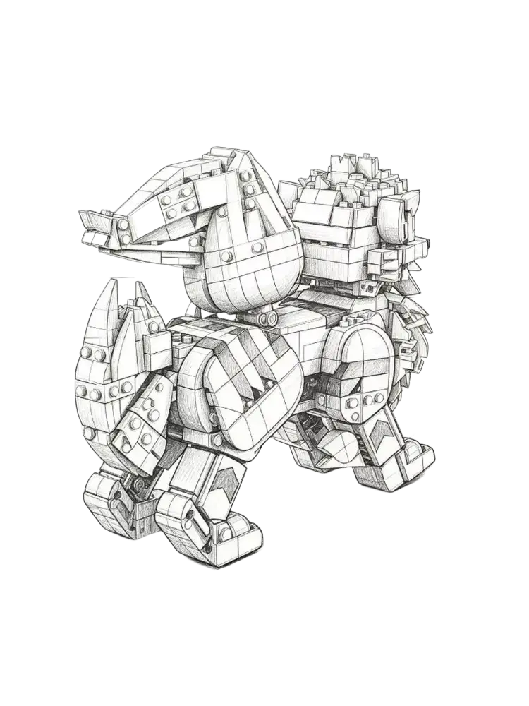 A detailed black and white technical sketch of a building block robotic dinosaur model with articulated limbs