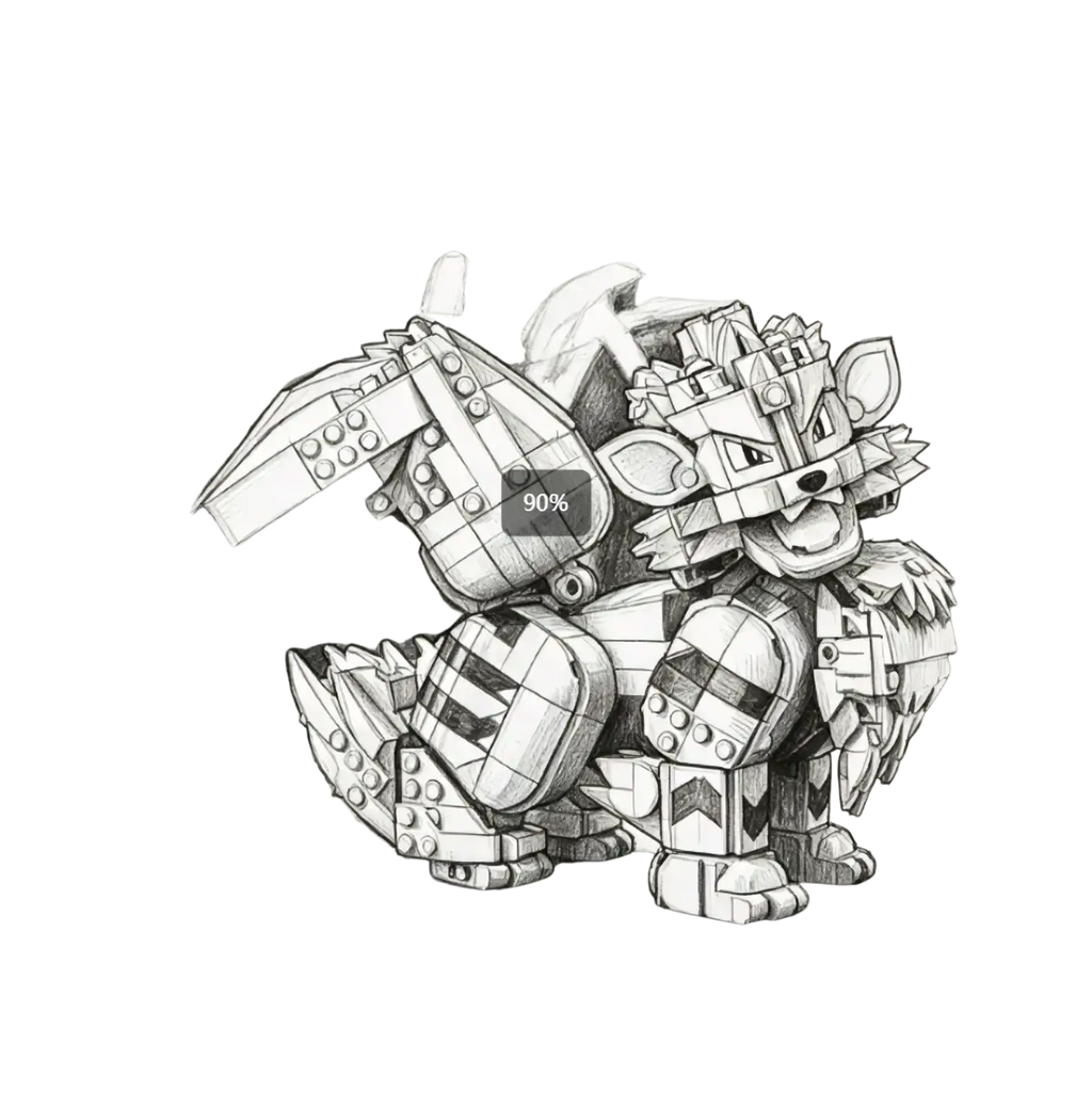 A detailed pencil sketch of a robotic tiger made from interlocking mechanical parts for a building block puppy toy model